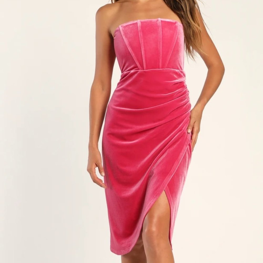 Lulu's Hot Pink Velvet Strapless Tulip Dress NWT